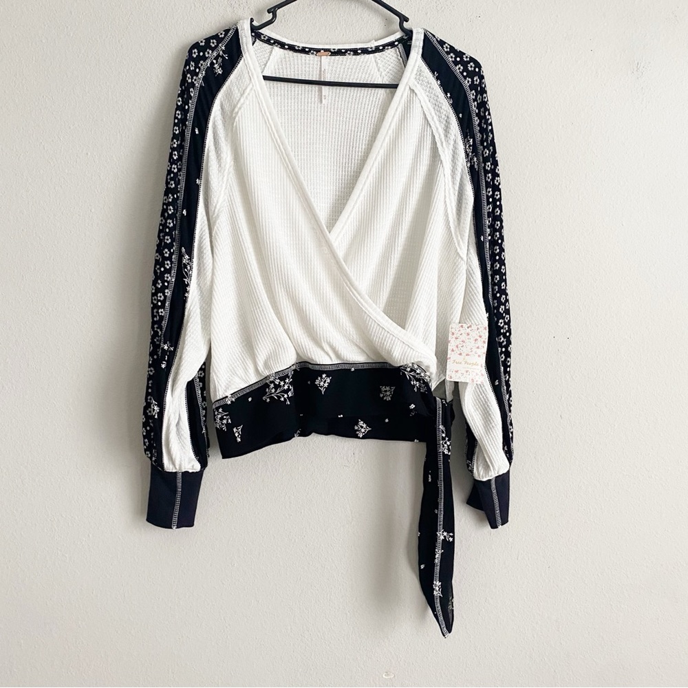 Free People Auxton Thermal Waffle Black White Floral Print Oversized Top XS
